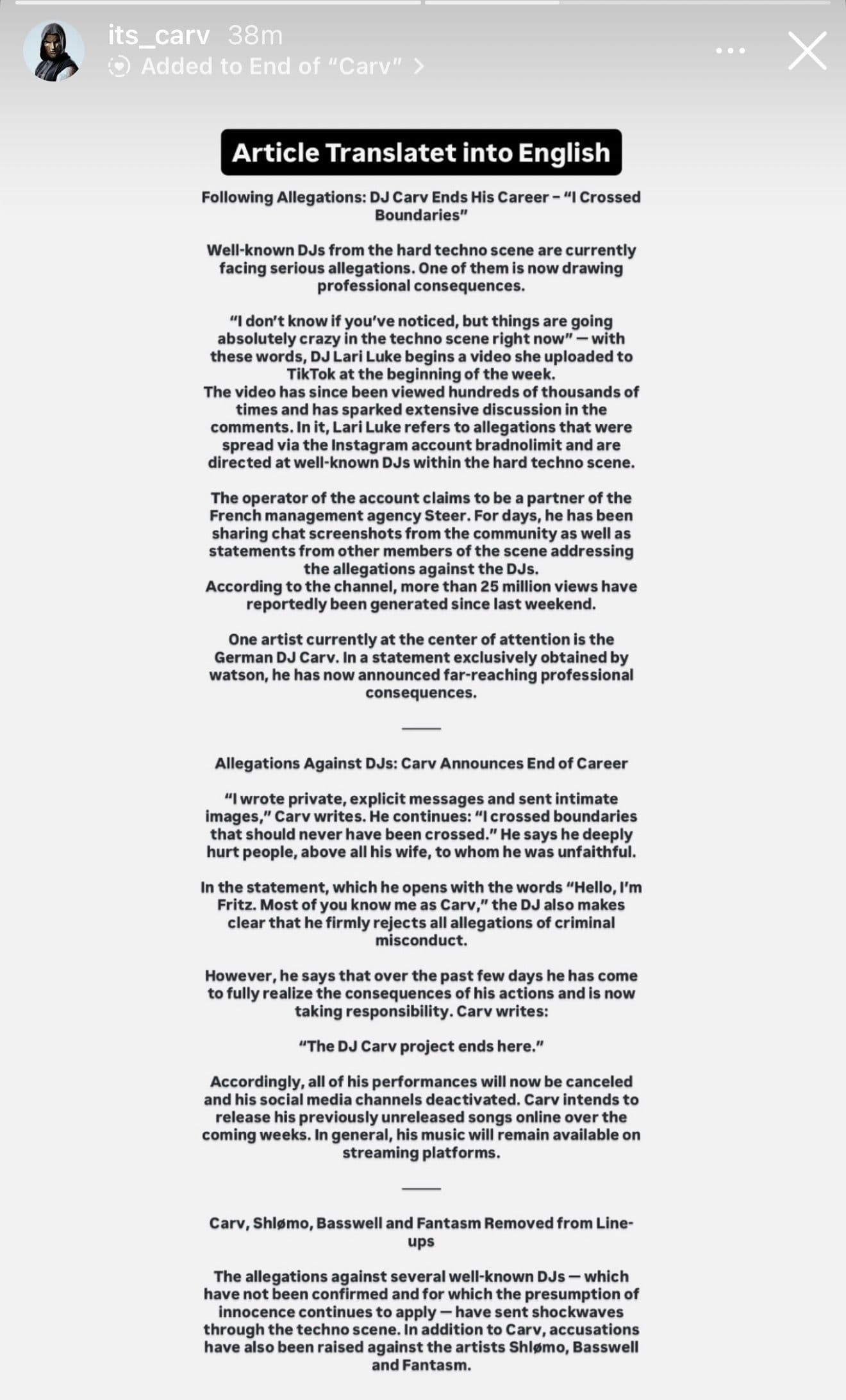 A screenshot of CARV's Instagram story announcing the end of his career